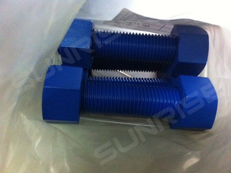 TEFLON Coated Full Thread Stud Bolts,Size 2 3/4in, UNC 205 mm Long, ASTM A320 L7, 2 Grade 4 Hex Nuts