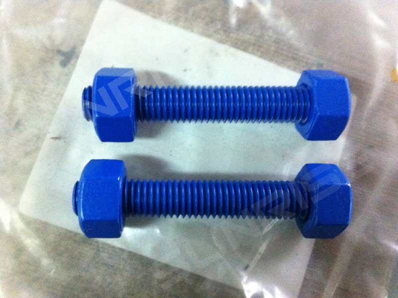 TEFLON Coated Full Thread Stud Bolts with 2 Heavy Nuts,Size 1 5/8in, UNC 400 mm Long, ASTM A193 B7, 2 Grade A194 2H Hex Nuts