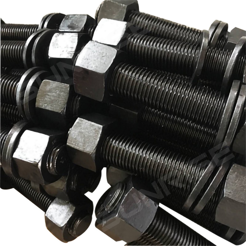 Black Coated Full Thread Stud Bolts with 2 heavy nuts and washer,Size 2 1/2in, UNC 85 mm Long, ASTM A193 B7, 2 Grade A194 2H Hex Nuts