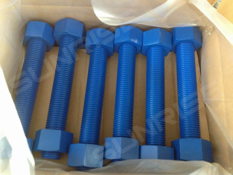 TEFLON Coated Full Thread Stud Bolts with 2 Heavy Nuts,Size 2in, UNC 210 mm Long, ASTM A320 L7, 2 Grade 4 Hex Nuts